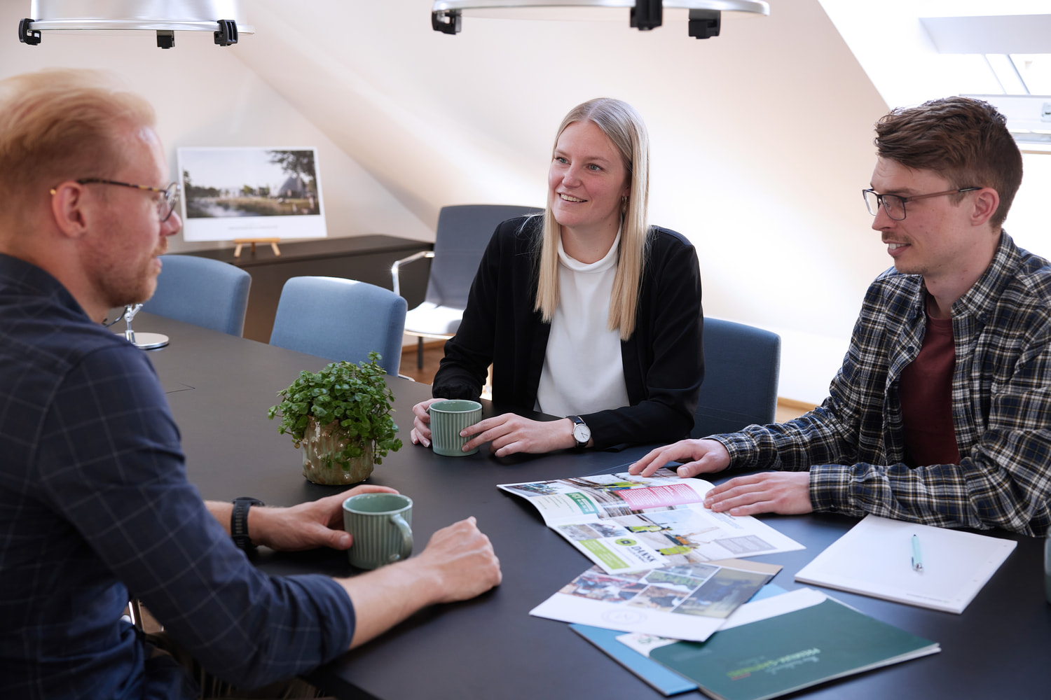 Three colleagues are talking in a conference room. They are looking at brochures on the table.