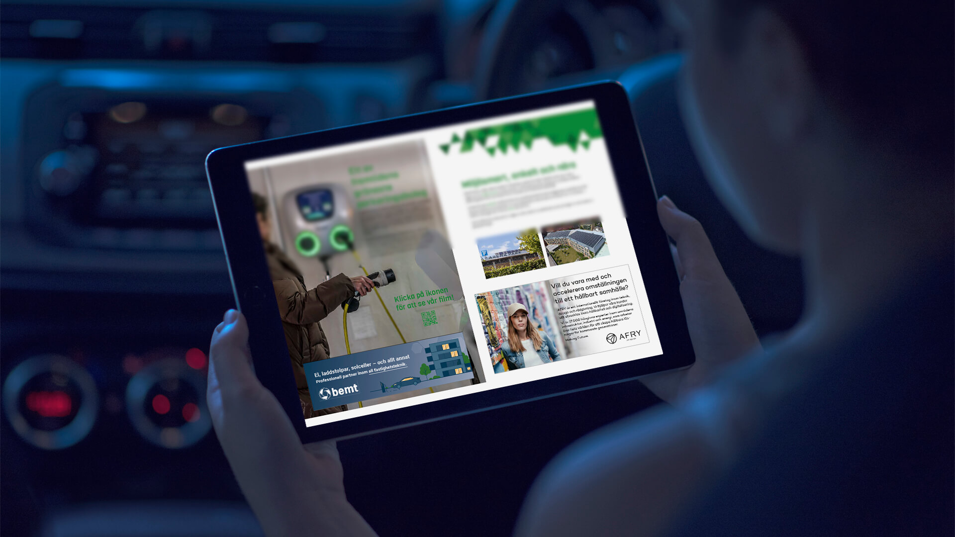 A woman holding an iPad that shows the interactive brochure of LKP.